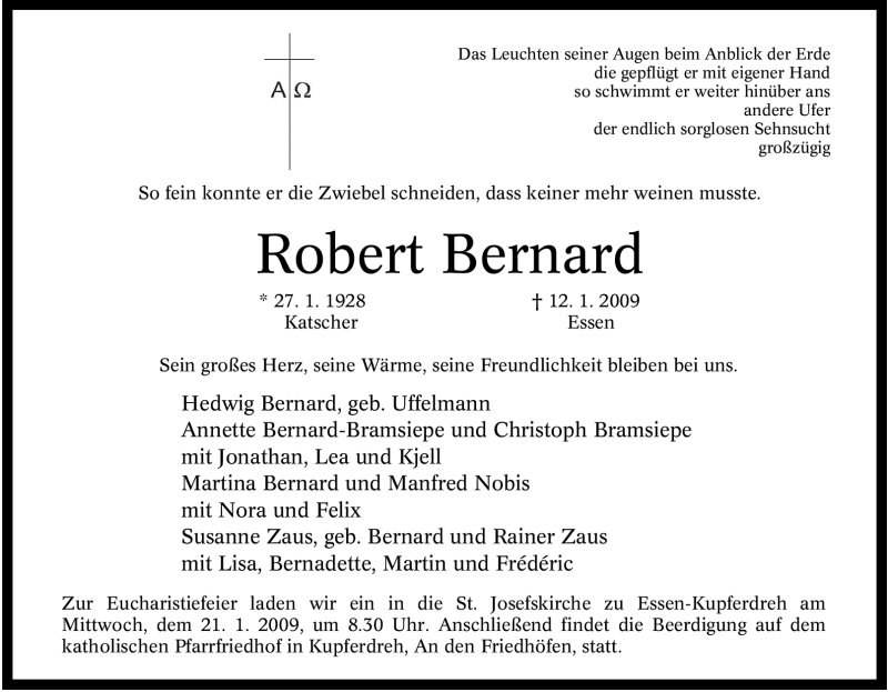 Traueranzeigen Von Robert Bernard Trauer In Nrw De