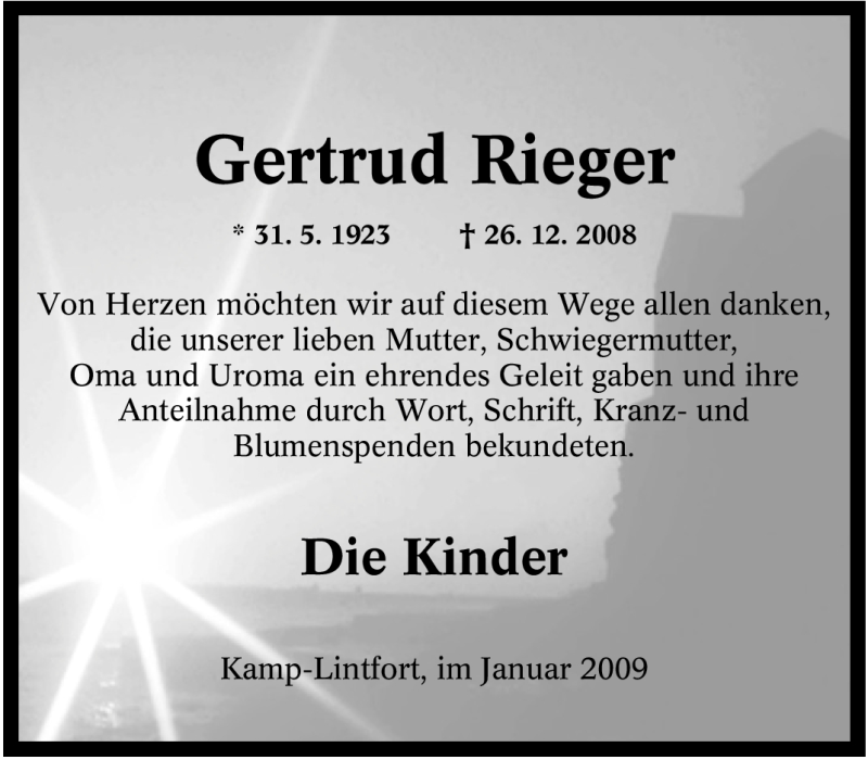 Traueranzeigen Von Gertrud Rieger Trauer In NRW De