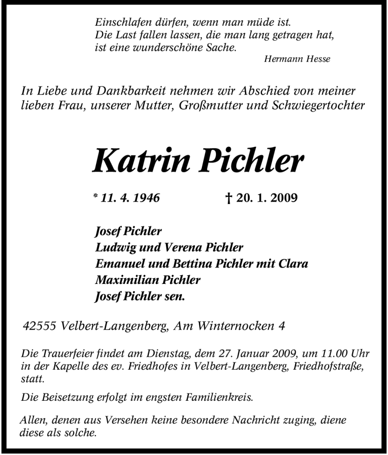 Traueranzeigen Von Katrin Pichler Trauer In NRW De