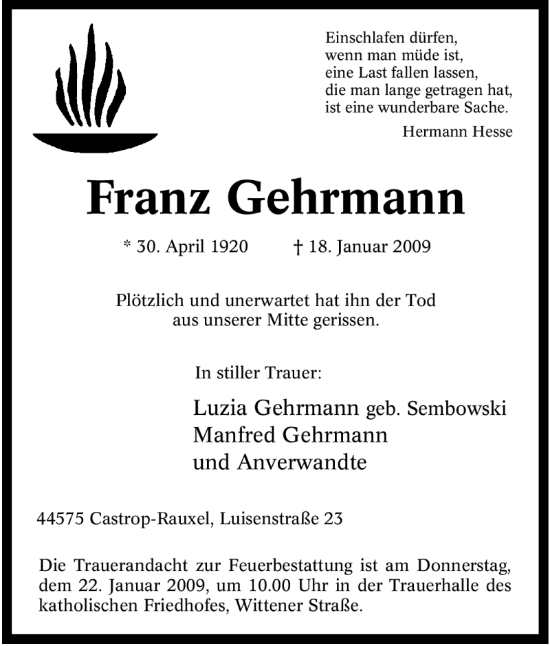 Traueranzeigen Von Franz Gehrmann Trauer In NRW De