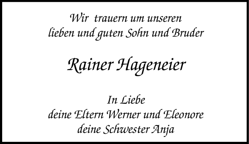 Traueranzeigen Von Rainer Hageneier Trauer In NRW De