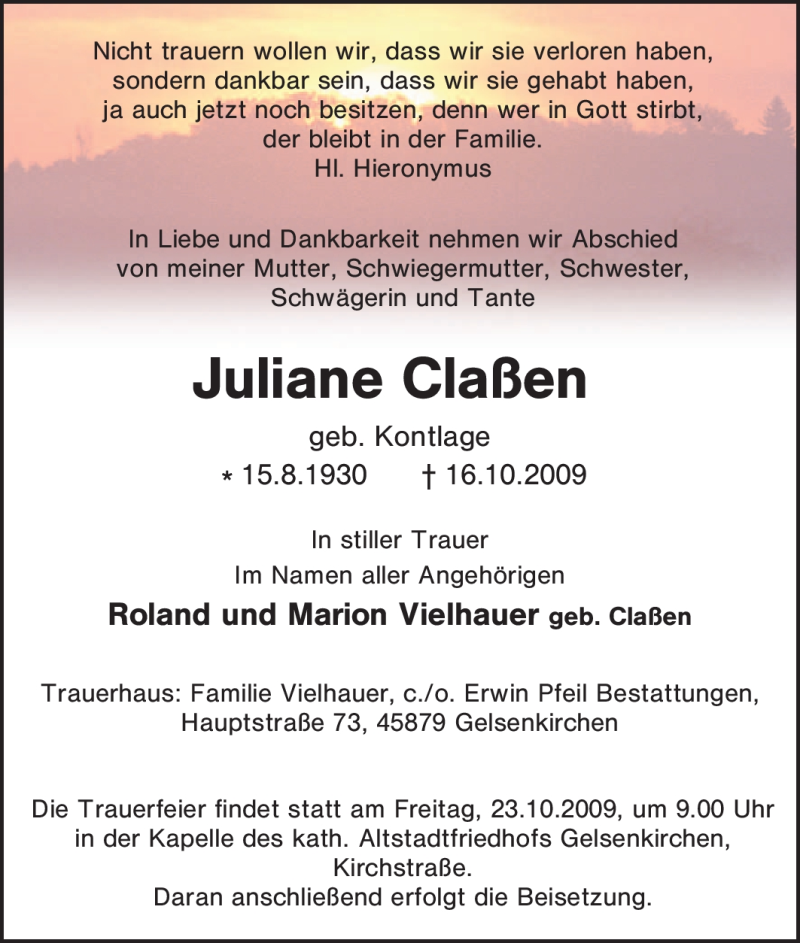 Traueranzeigen von Juliane Claßen Trauer in NRW de