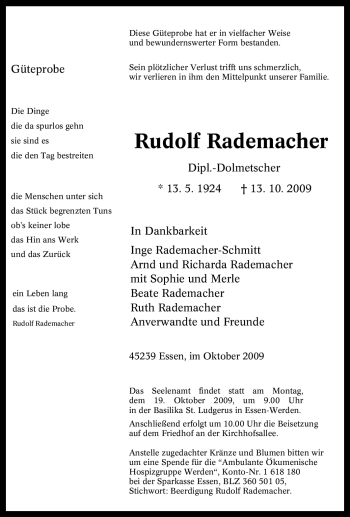 Traueranzeigen Von Rudolf Rademacher Trauer In Nrw De