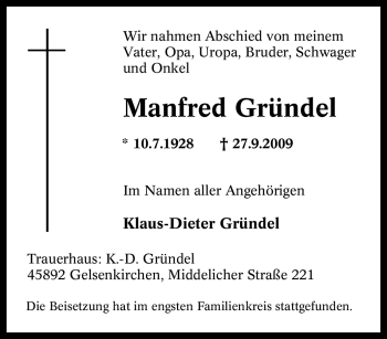 Traueranzeigen Von Manfred Gr Ndel Trauer In Nrw De