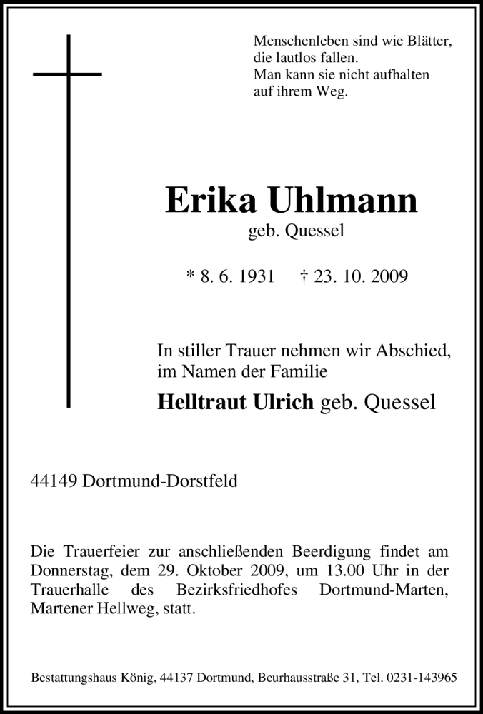 Traueranzeigen Von Erika Uhlmann Trauer In NRW De