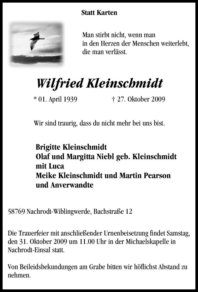 Traueranzeigen Von Wilfried Kleinschmidt Trauer In NRW De