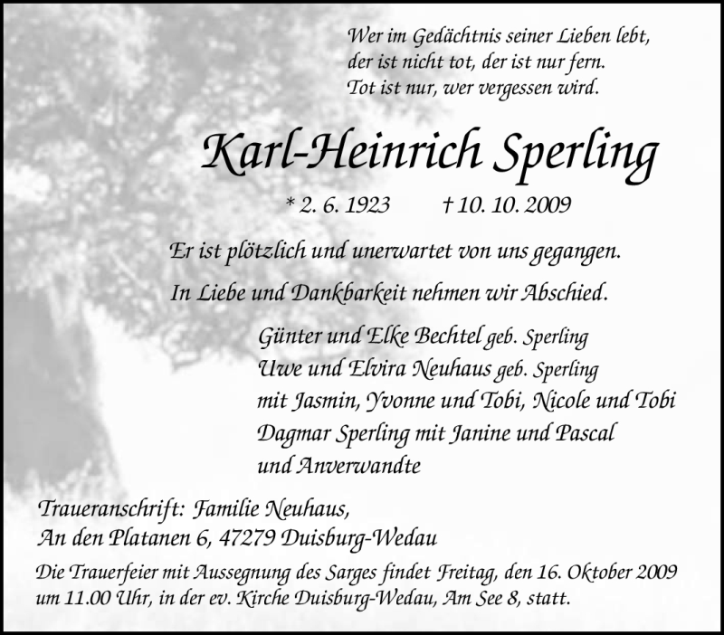 Traueranzeigen Von Karl Heinrich Sperling Trauer In Nrw De