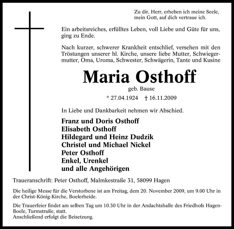 Traueranzeigen Von Maria Osthoff Trauer In NRW De