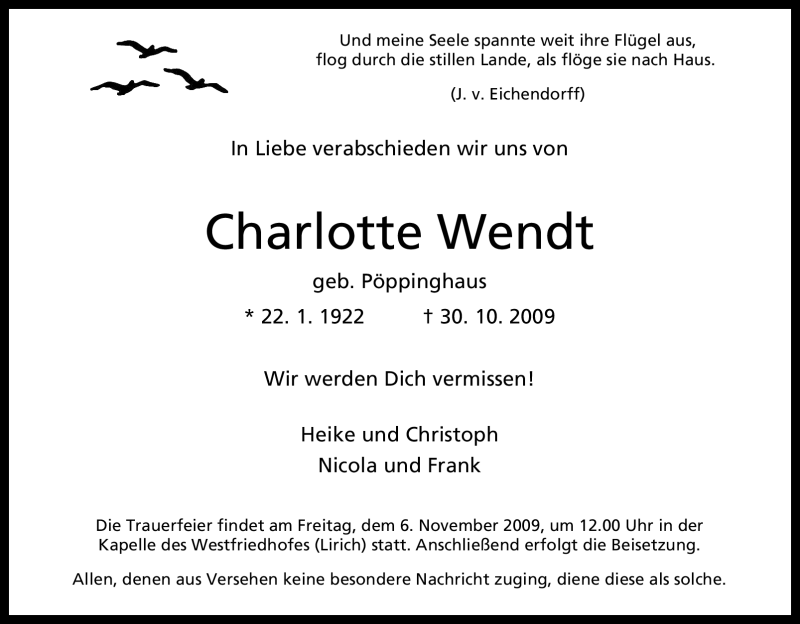 Traueranzeigen Von Charlotte Wendt Trauer In NRW De