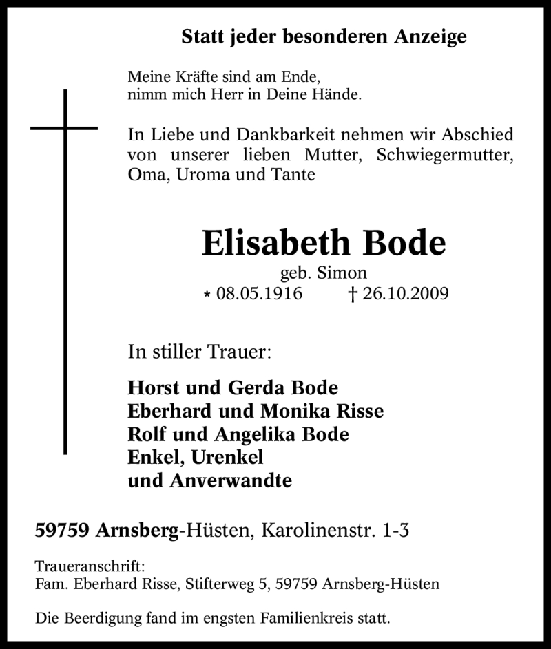 Traueranzeigen Von Elisabeth Bode Trauer In NRW De