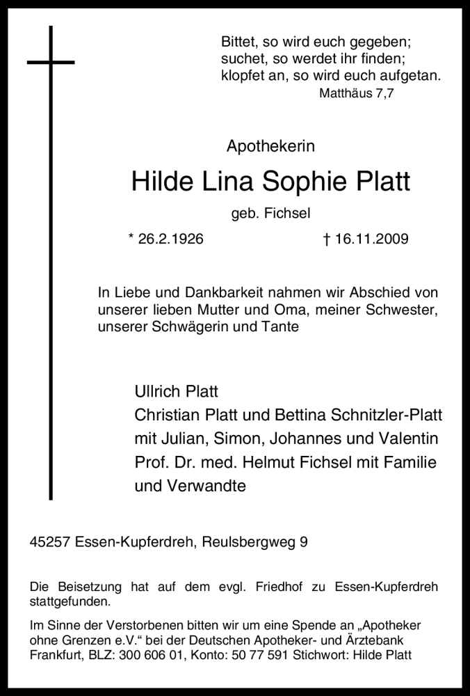 Traueranzeigen Von Hilde Lina Sophie Platt Trauer In Nrw De