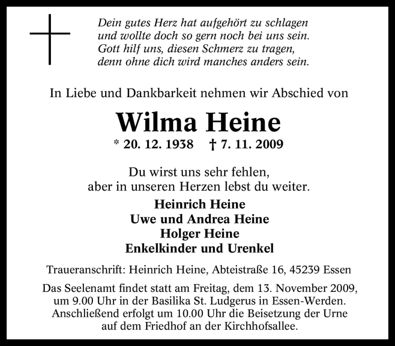 Traueranzeigen Von Wilma Heine Trauer In Nrw De