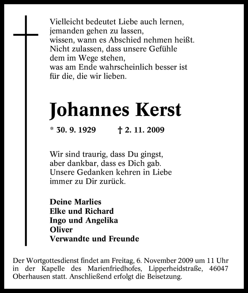 Traueranzeigen Von Johannes Kerst Trauer In NRW De