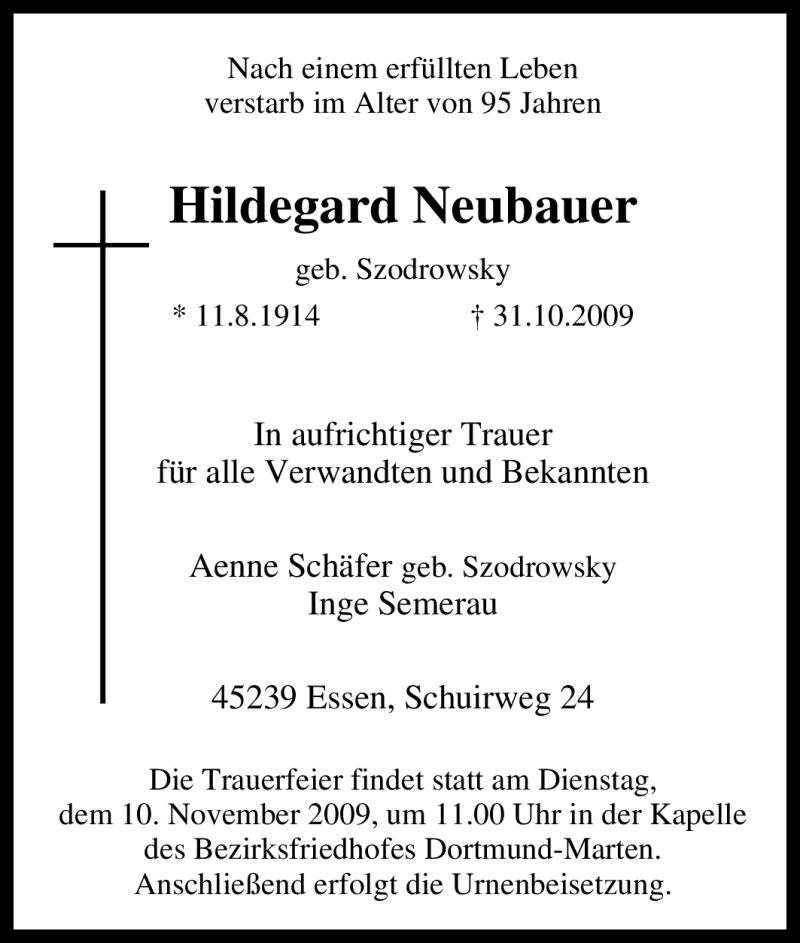 Traueranzeigen Von Hildegard Neubauer Trauer In NRW De