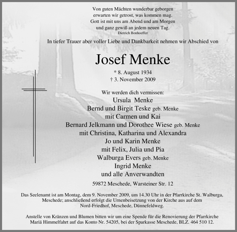 Traueranzeigen Von Josef Menke Trauer In NRW De