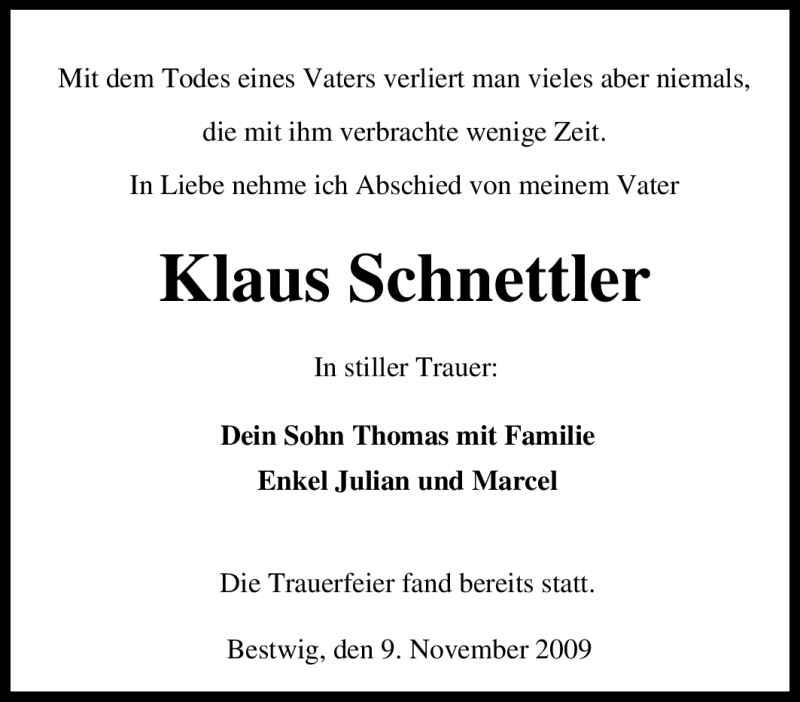 Traueranzeigen Von Klaus Schnettler Trauer In NRW De