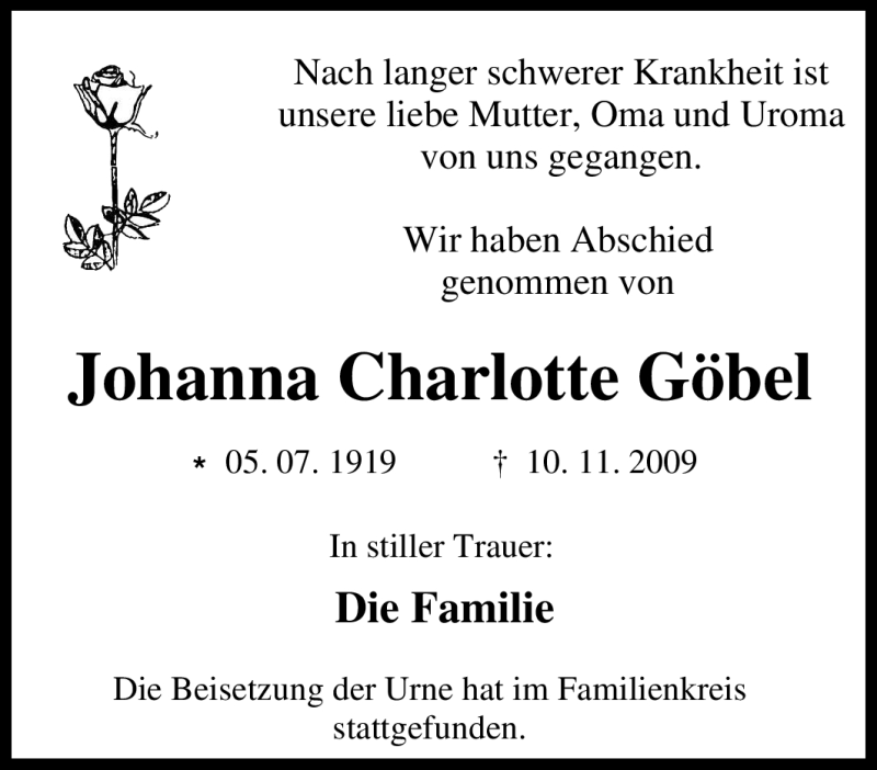 Traueranzeigen Von Johanna Charlotte G Bel Trauer In Nrw De