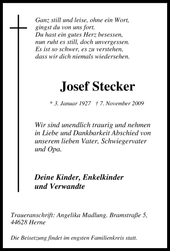 Traueranzeigen Von Josef Stecker Trauer In Nrw De