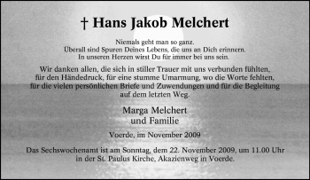 Traueranzeigen Von Hans Jakob Melchert Trauer In Nrw De