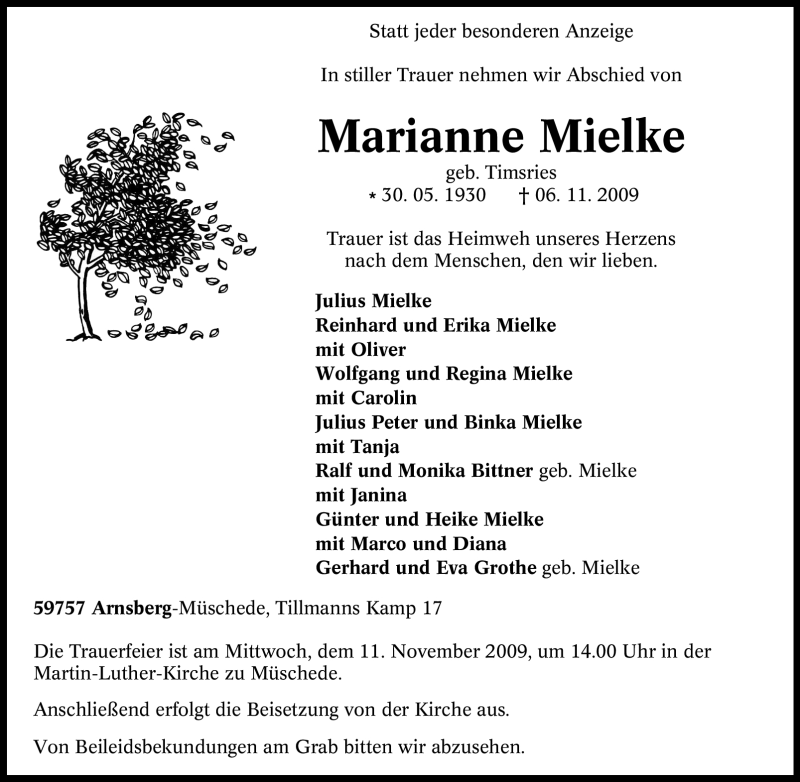 Traueranzeigen Von Marianne Mielke Trauer In NRW De