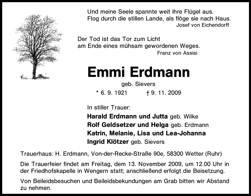 Traueranzeigen Von Emmi Erdmann Trauer In Nrw De