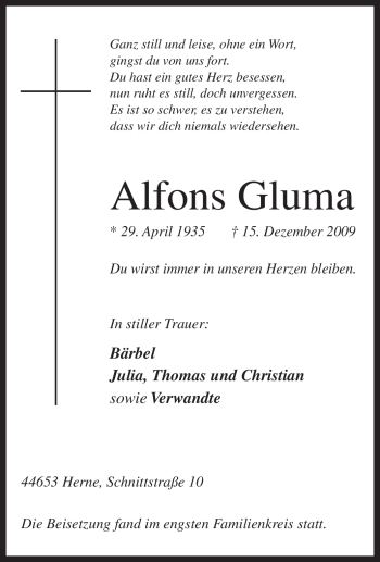 Traueranzeigen Von Alfons Gluma Trauer In NRW De