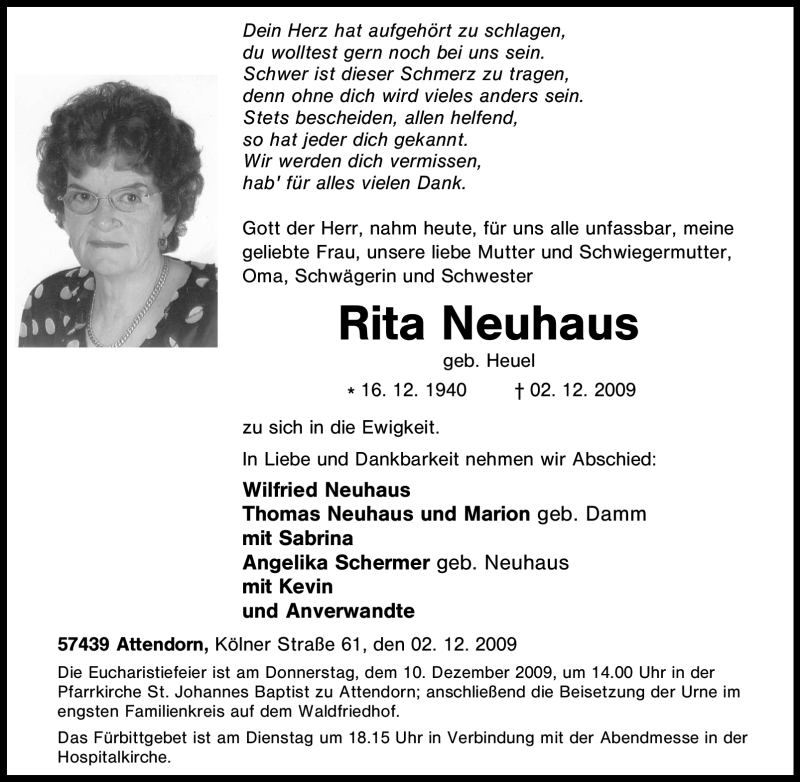 Traueranzeigen Von Rita Neuhaus Trauer In Nrw De