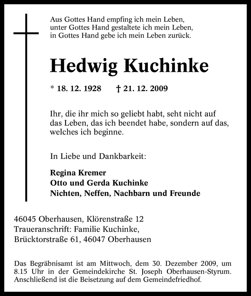 Traueranzeigen Von Hedwig Kuchinke Trauer In NRW De