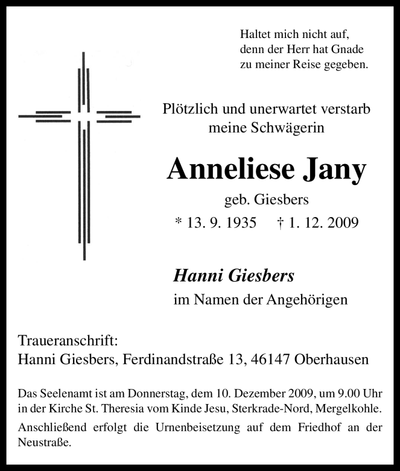 Traueranzeigen Von Anneliese Jany Trauer In NRW De