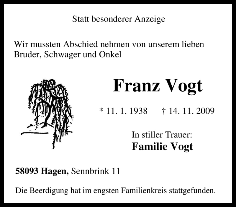 Traueranzeigen Von Franz Vogt Trauer In Nrw De