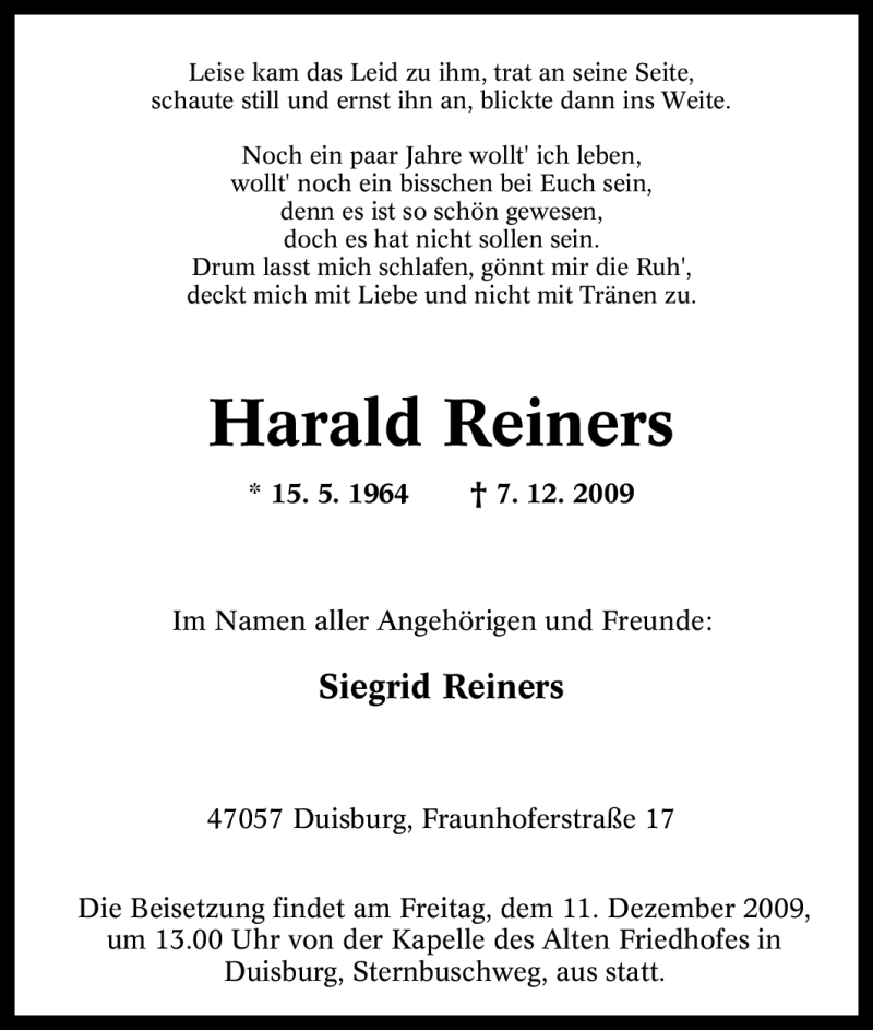 Traueranzeigen Von Harald Reiners Trauer In NRW De