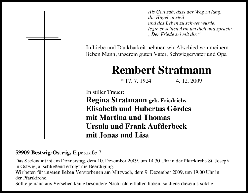 Traueranzeigen Von Rembert Stratmann Trauer In Nrw De