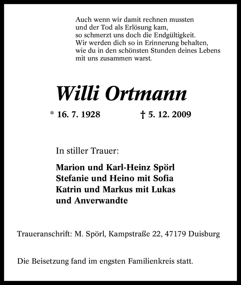 Traueranzeigen Von Willi Ortmann Trauer In Nrw De