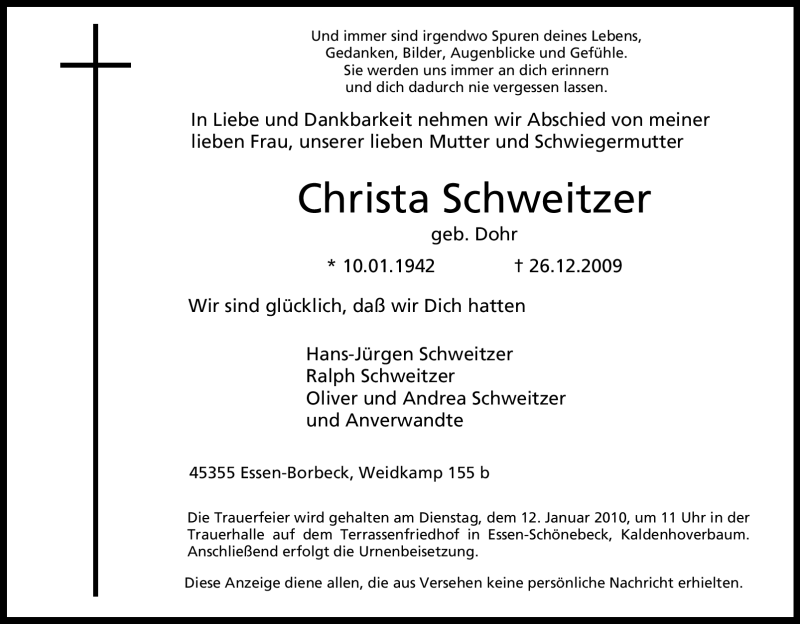 Traueranzeigen Von Christa Schweitzer Trauer In NRW De