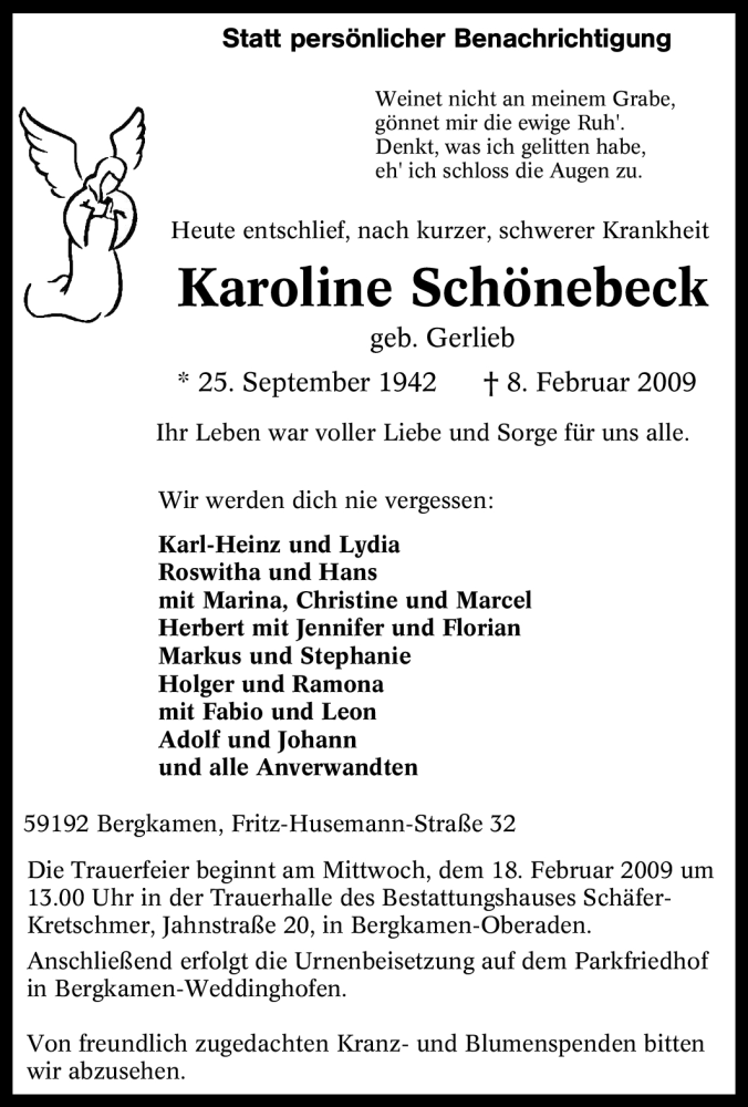 Traueranzeigen von Karoline Schönebeck Trauer in NRW de