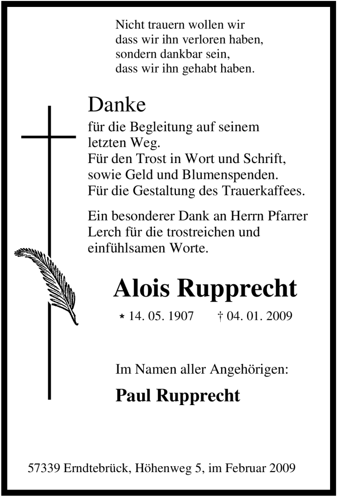 Traueranzeigen Von Alois Rupprecht Trauer In NRW De