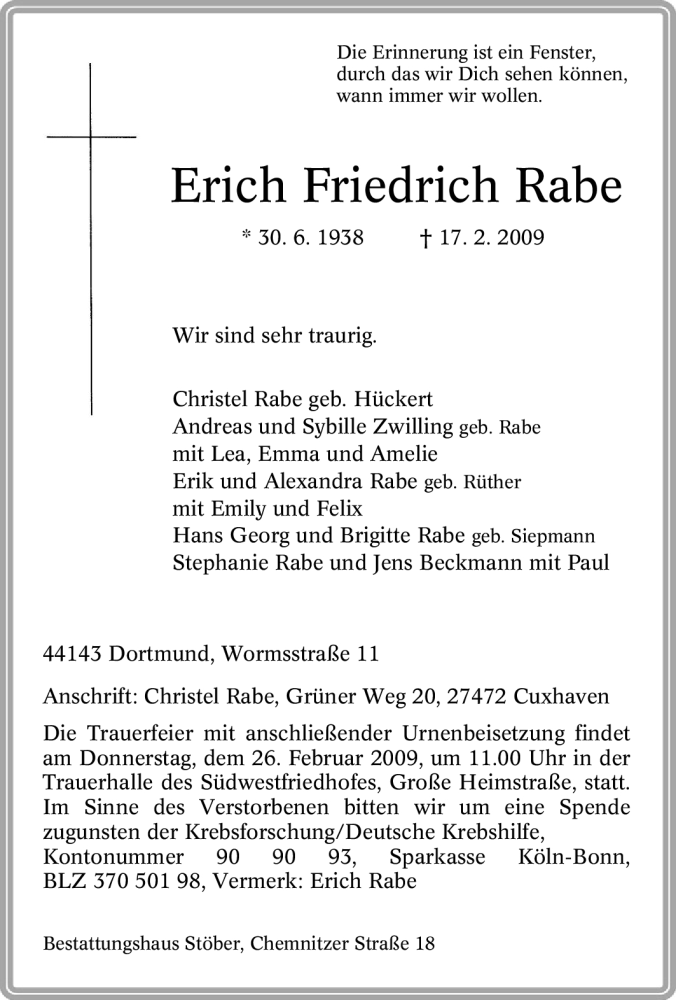 Traueranzeigen Von Erich Friedrich Rabe Trauer In Nrw De