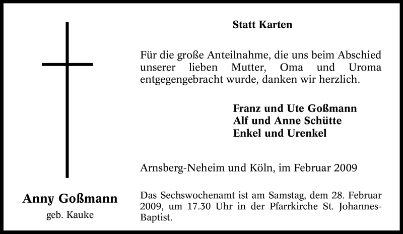 Traueranzeigen Von Anny Go Mann Trauer In Nrw De