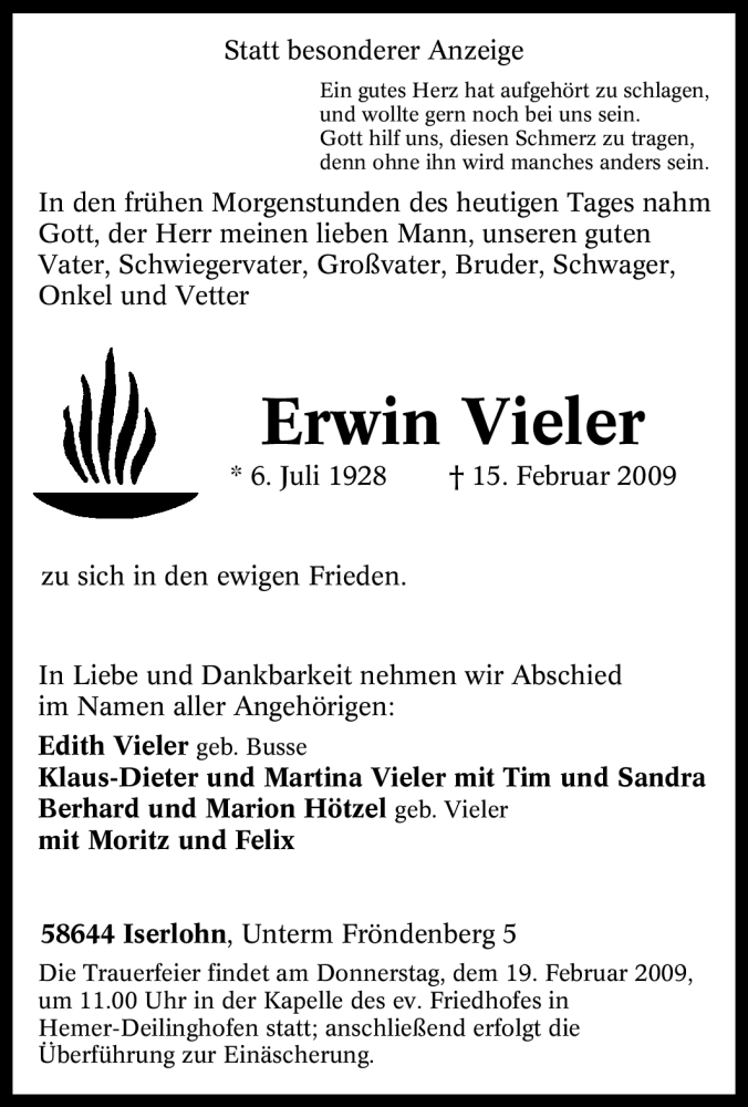 Traueranzeigen Von Erwin Vieler Trauer In Nrw De