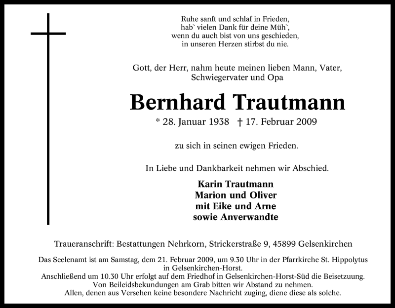 Traueranzeigen Von Bernhard Trautmann Trauer In NRW De