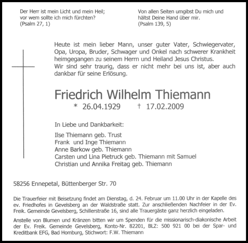 Traueranzeigen Von Friedrich Wilhelm Thiemann Trauer In Nrw De