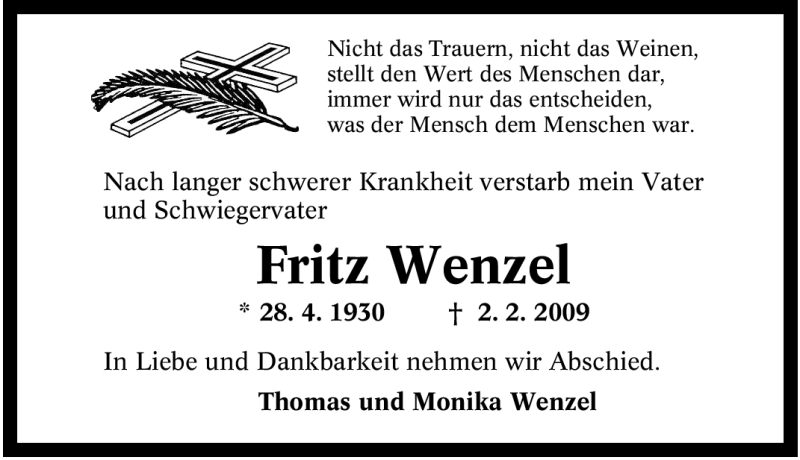 Traueranzeigen Von Fritz Wenzel Trauer In NRW De