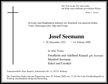 Traueranzeigen Von Josef Seemann Trauer In Nrw De