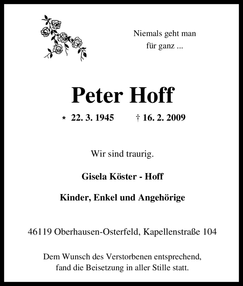 Traueranzeigen Von Peter Hoff Trauer In NRW De