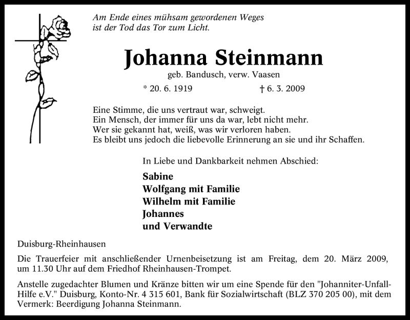 Traueranzeigen Von Johanna Steinmann Trauer In Nrw De