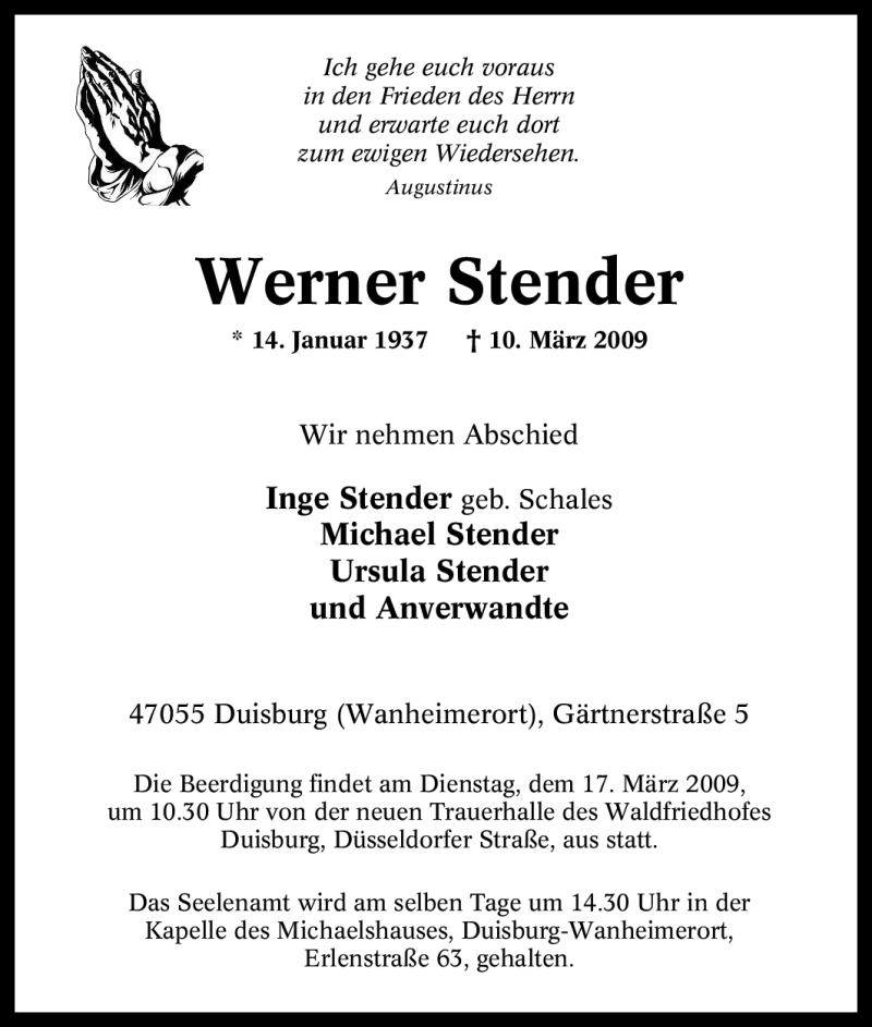 Traueranzeigen Von Werner Stender Trauer In Nrw De