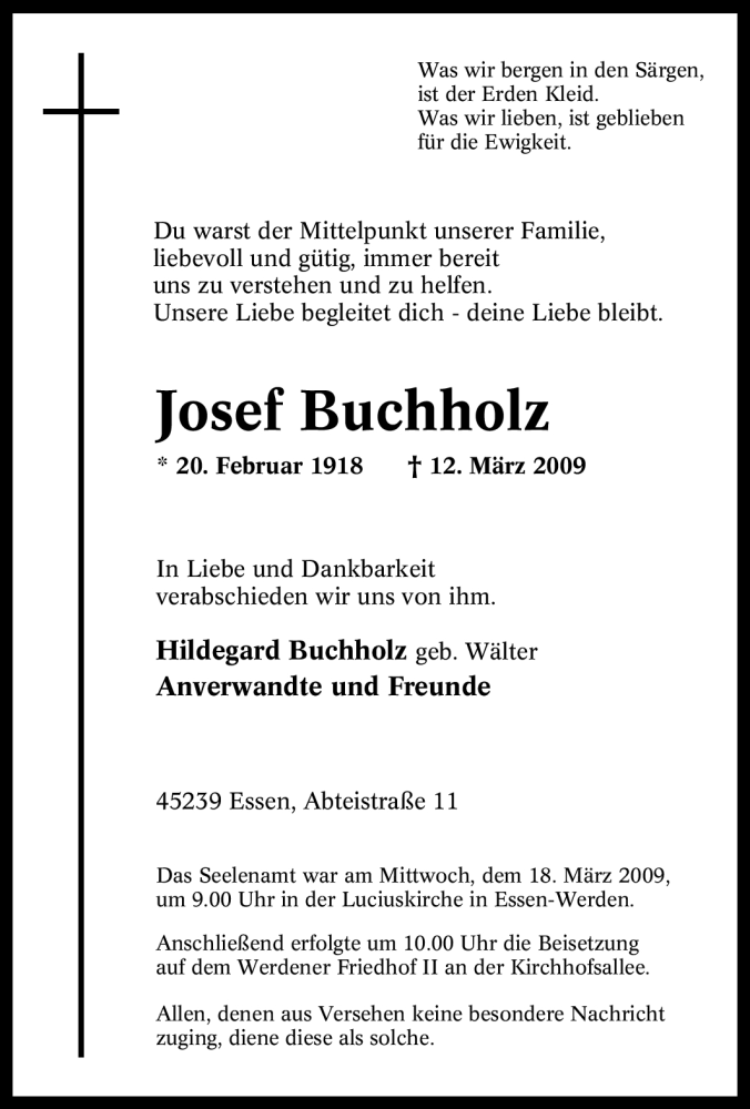 Traueranzeigen Von Josef Buchholz Trauer In NRW De