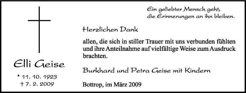 Traueranzeigen Von Elli Geise Trauer In Nrw De
