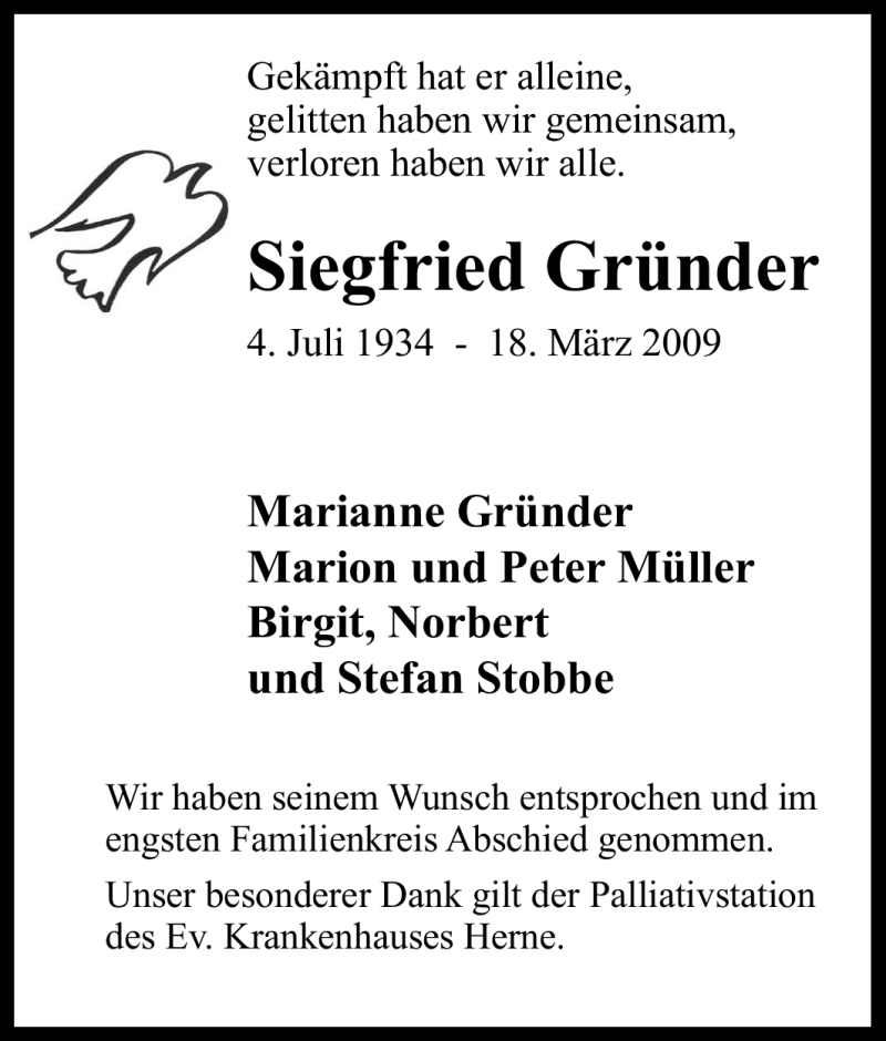 Traueranzeigen von Siegfried Gründer Trauer in NRW de