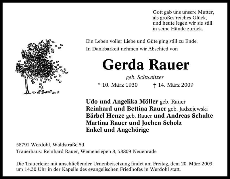 Traueranzeigen Von Gerda Rauer Trauer In Nrw De